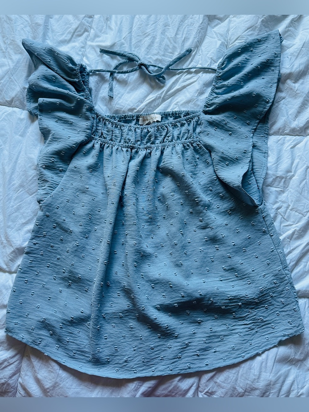 Monteau Light Blue Swiss Dot Flutter Sleeve Top